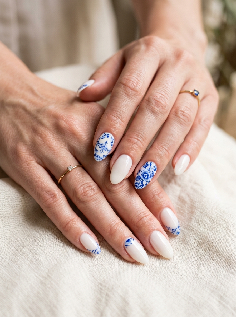 Blue Porcelain Accent Nails